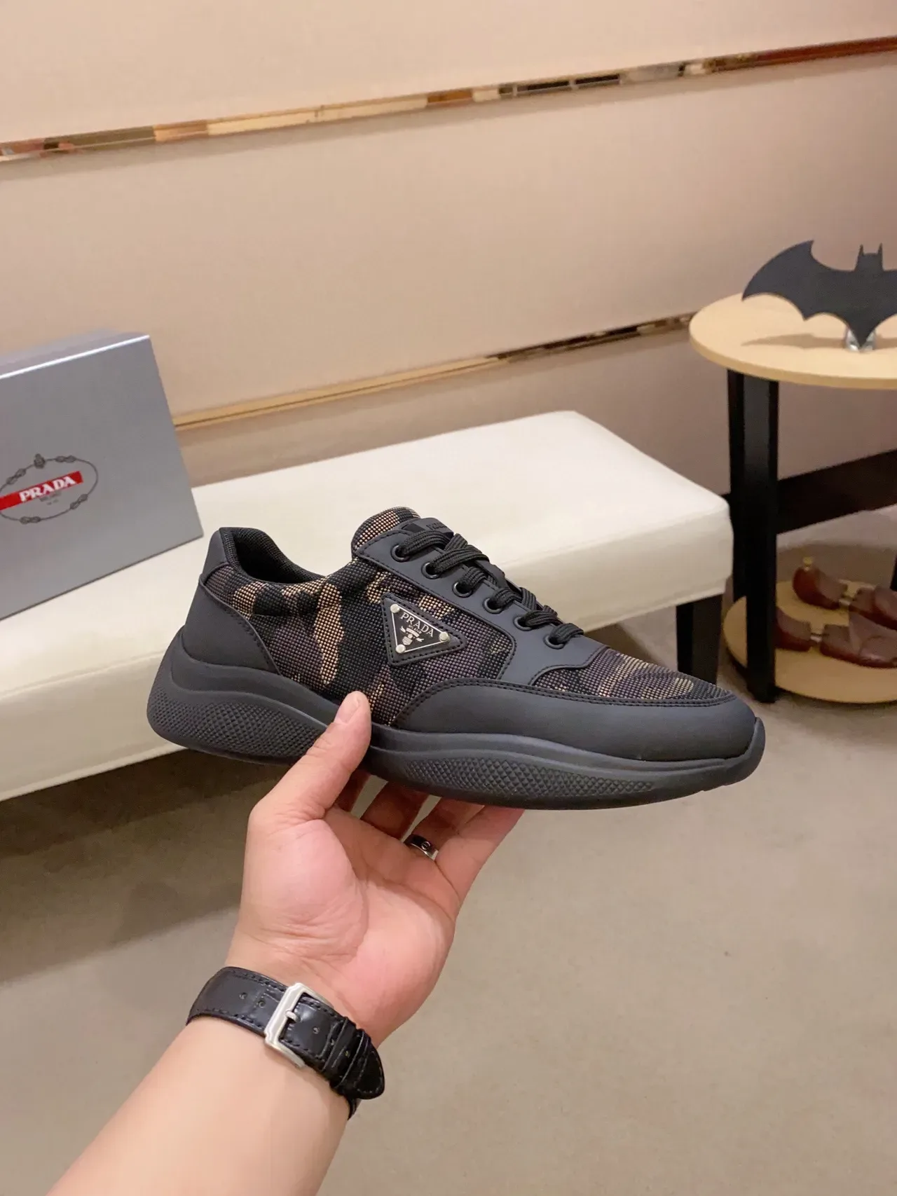 Prada Cloudbust Preto Bege Camuflagem Malha Sintético Sobreposições Tênis Lifestyle 4