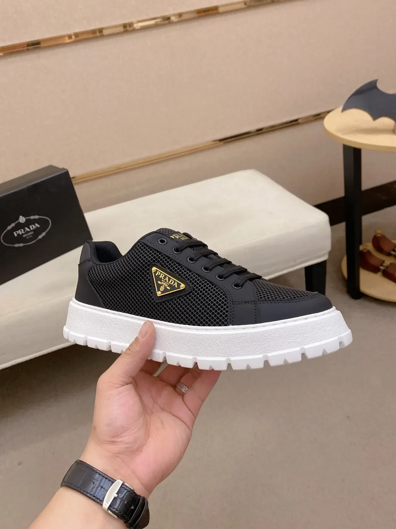 Prada Cloudbust Black Mesh and White Platform Lifestyle Sneakers 5