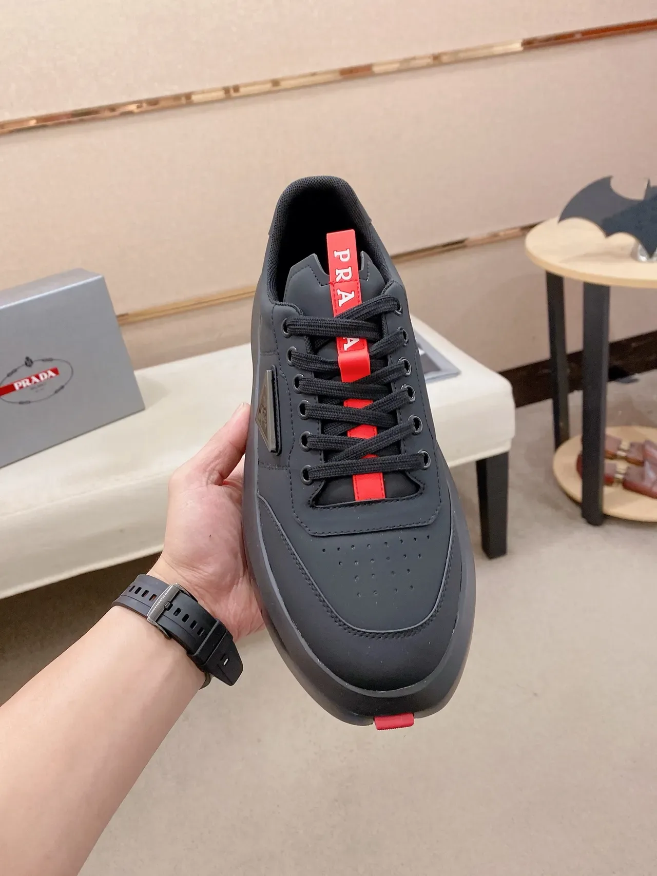 Prada Cloudbust Black Red Platform Sole Triangular Metal Logo Chunky Sneakers 5