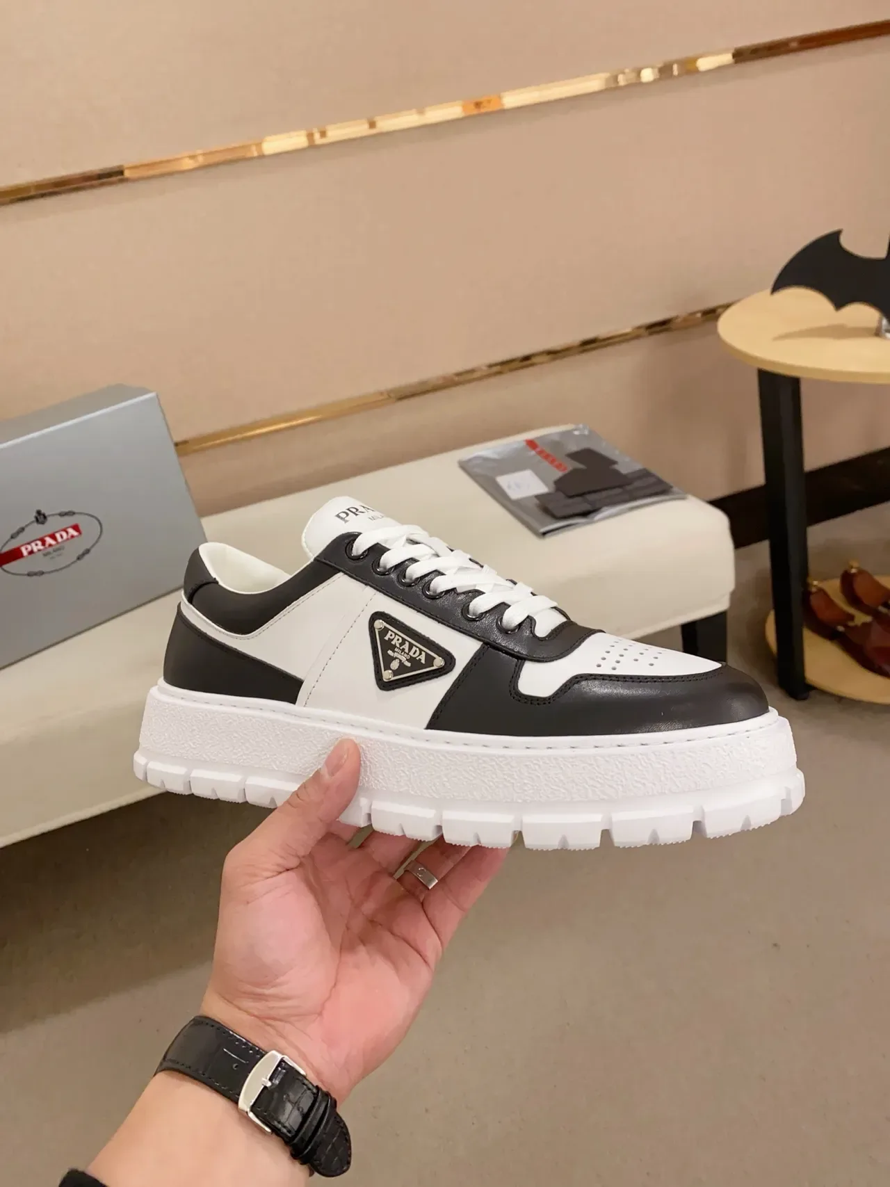 Prada Cloudbust Black White Leather Paneling Triangular Logo Plaque Chunky Sneakers 4