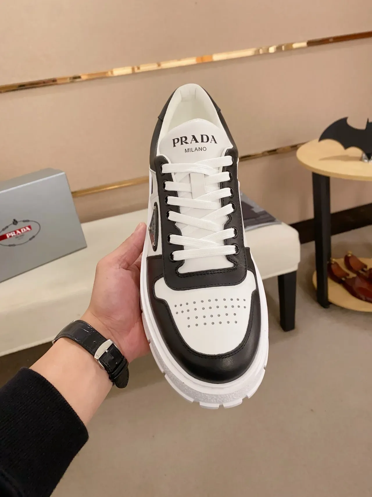 Prada Cloudbust Black White Leather Paneling Triangular Logo Plaque Chunky Sneakers 5