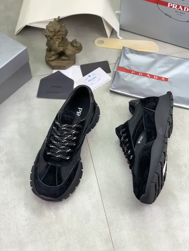 Prada Cloudbust Black White Suede And Mesh Upper Thick Ridged Rubber Sole Lifestyle Sneakers 5