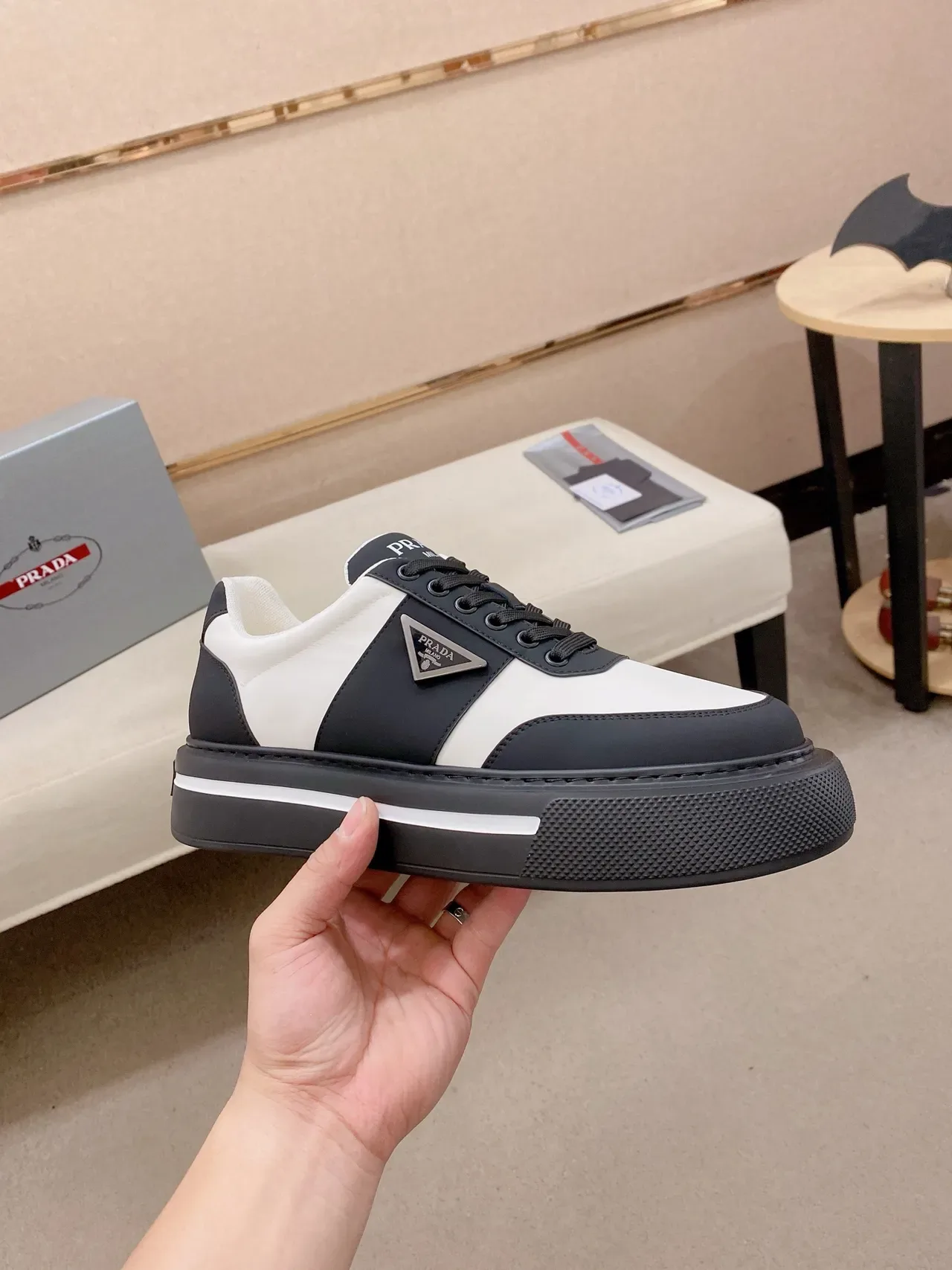 Prada Cloudbust Black White Two-Tone Leather Platform Sole Lifestyle Sneakers 4