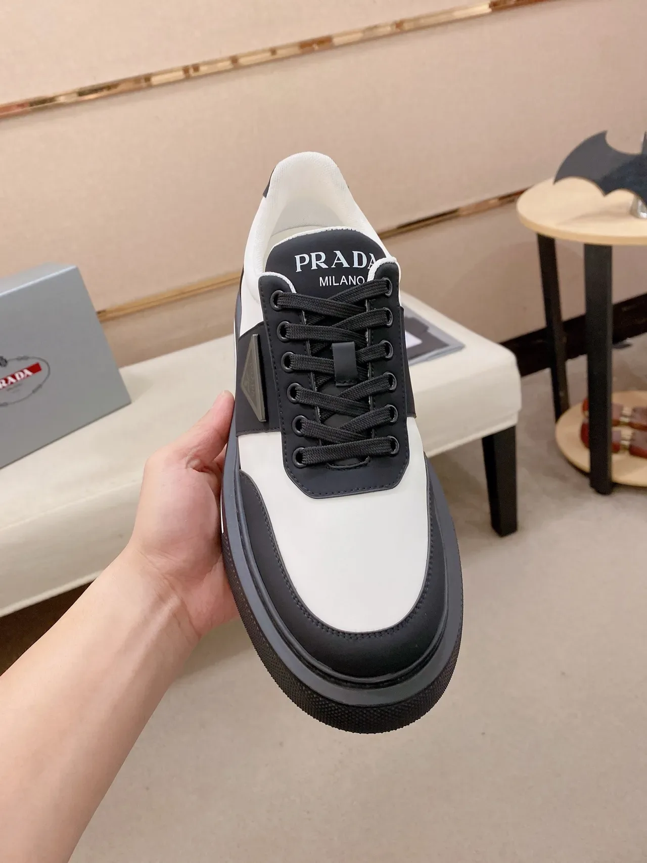 Prada Cloudbust Black White Two-Tone Leather Platform Sole Lifestyle Sneakers 5