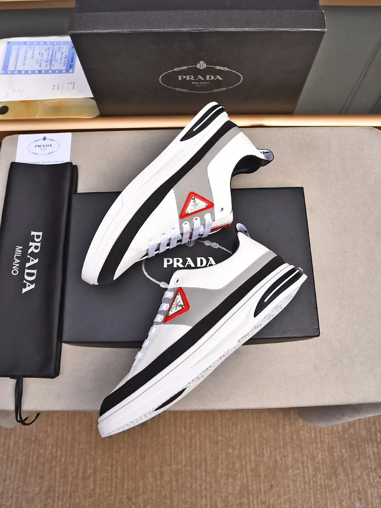 Prada Cloudbust Color-Block White Gray Black Red Lifestyle Sneakers 4