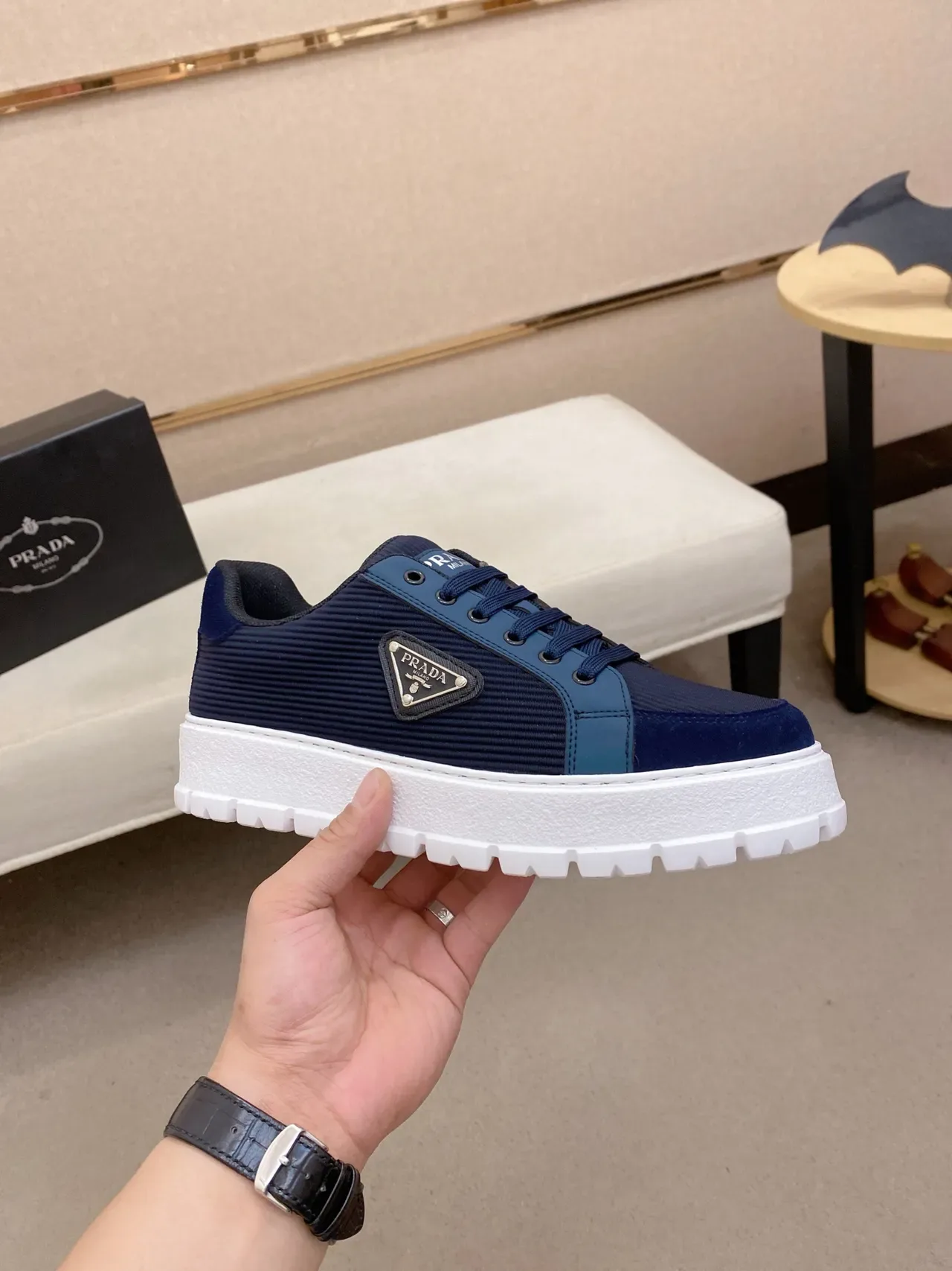 Prada Cloudbust Navy and Blue Ribbed Platform Lifestyle Sneakers 4