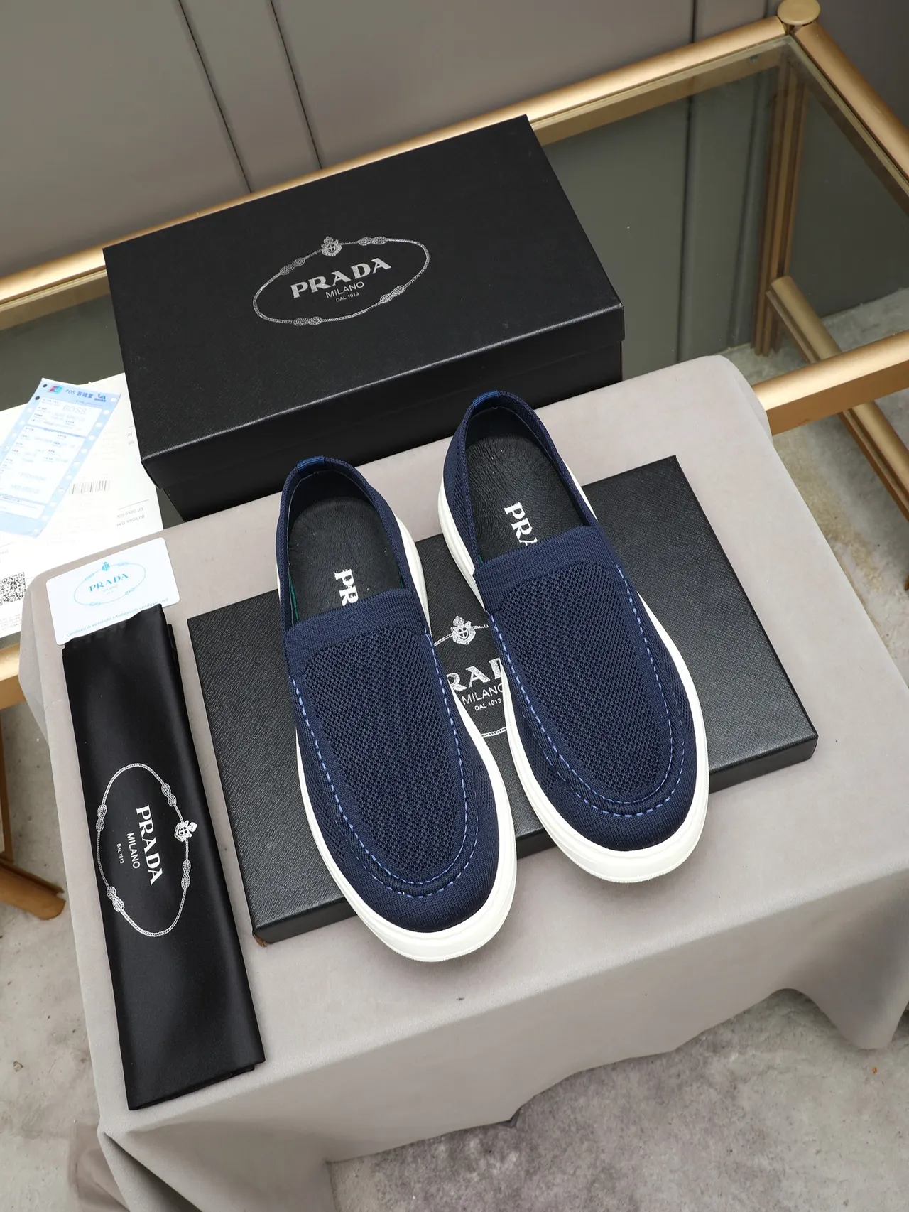Prada Cloudbust Navy Beige Knit Upper Slip-On Construction Loafer 2