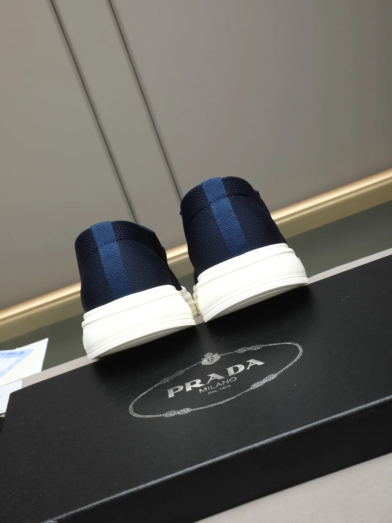 Prada Cloudbust Navy Beige Knit Upper Slip-On Construction Loafer 3