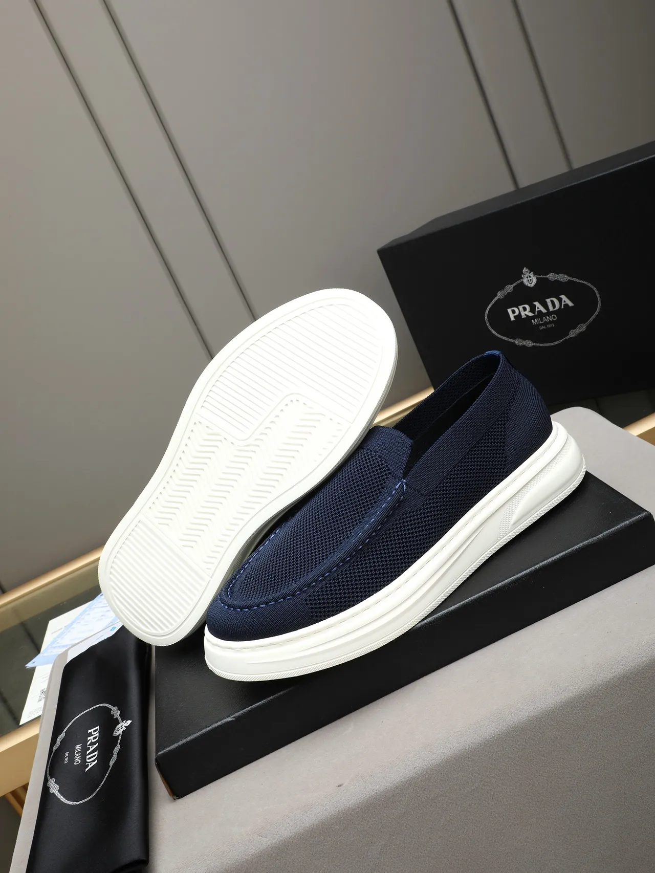Prada Cloudbust Navy Beige Knit Upper Slip-On Construction Loafer 4