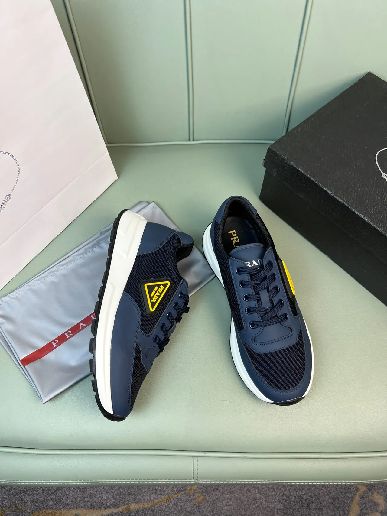 Prada Cloudbust Navy Black Mesh-Synthetic Upper Thick White Layered Midsole Chunky Sneakers 6