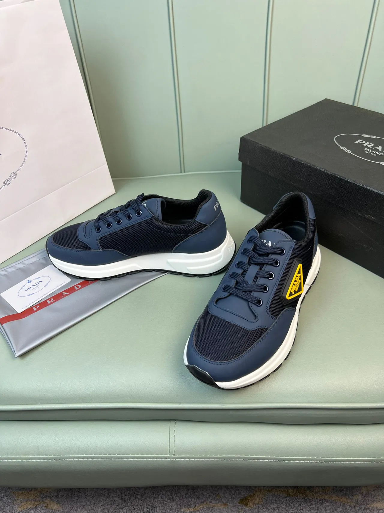 Prada Cloudbust Navy Black Mesh-Synthetic Upper Thick White Layered Midsole Chunky Sneakers 7