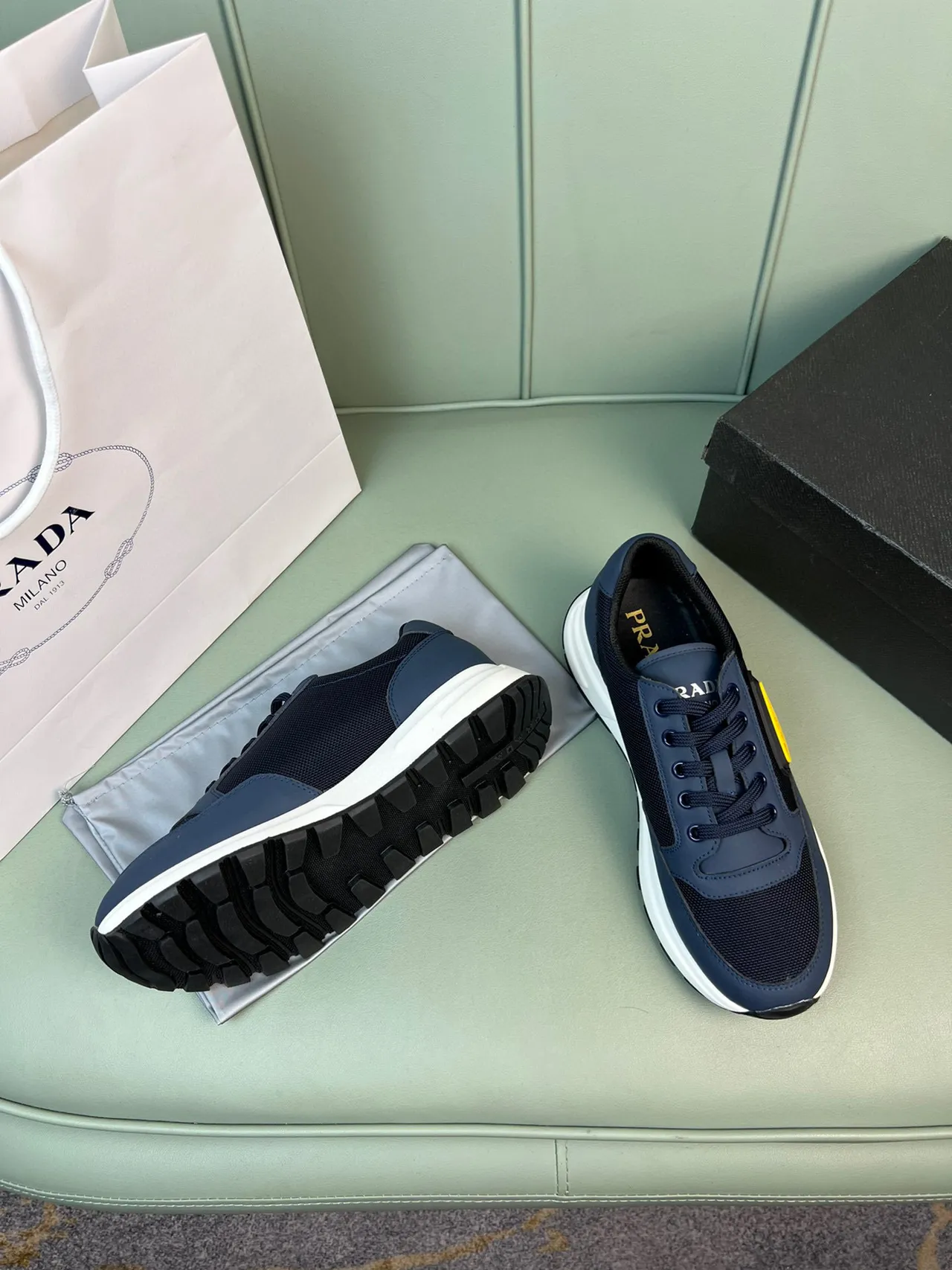Prada Cloudbust Navy Black Mesh-Synthetic Upper Thick White Layered Midsole Chunky Sneakers 8