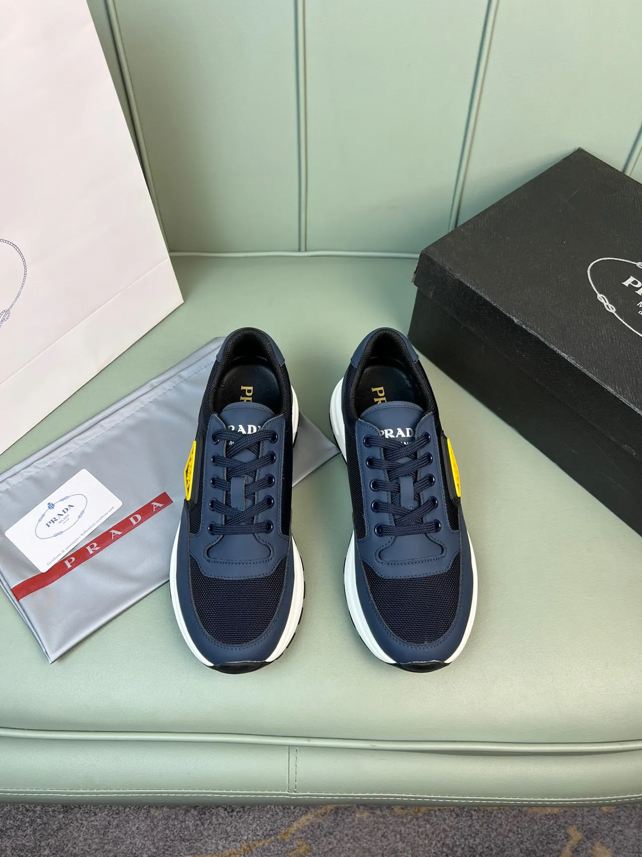 Prada Cloudbust Navy Black Mesh-Synthetic Upper Thick White Layered Midsole Chunky Sneakers 9