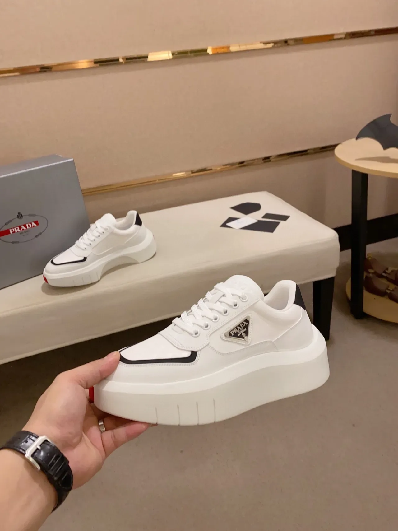 Prada Cloudbust White Black Platform Sole Triangular Logo Plaque Lifestyle Sneakers 3