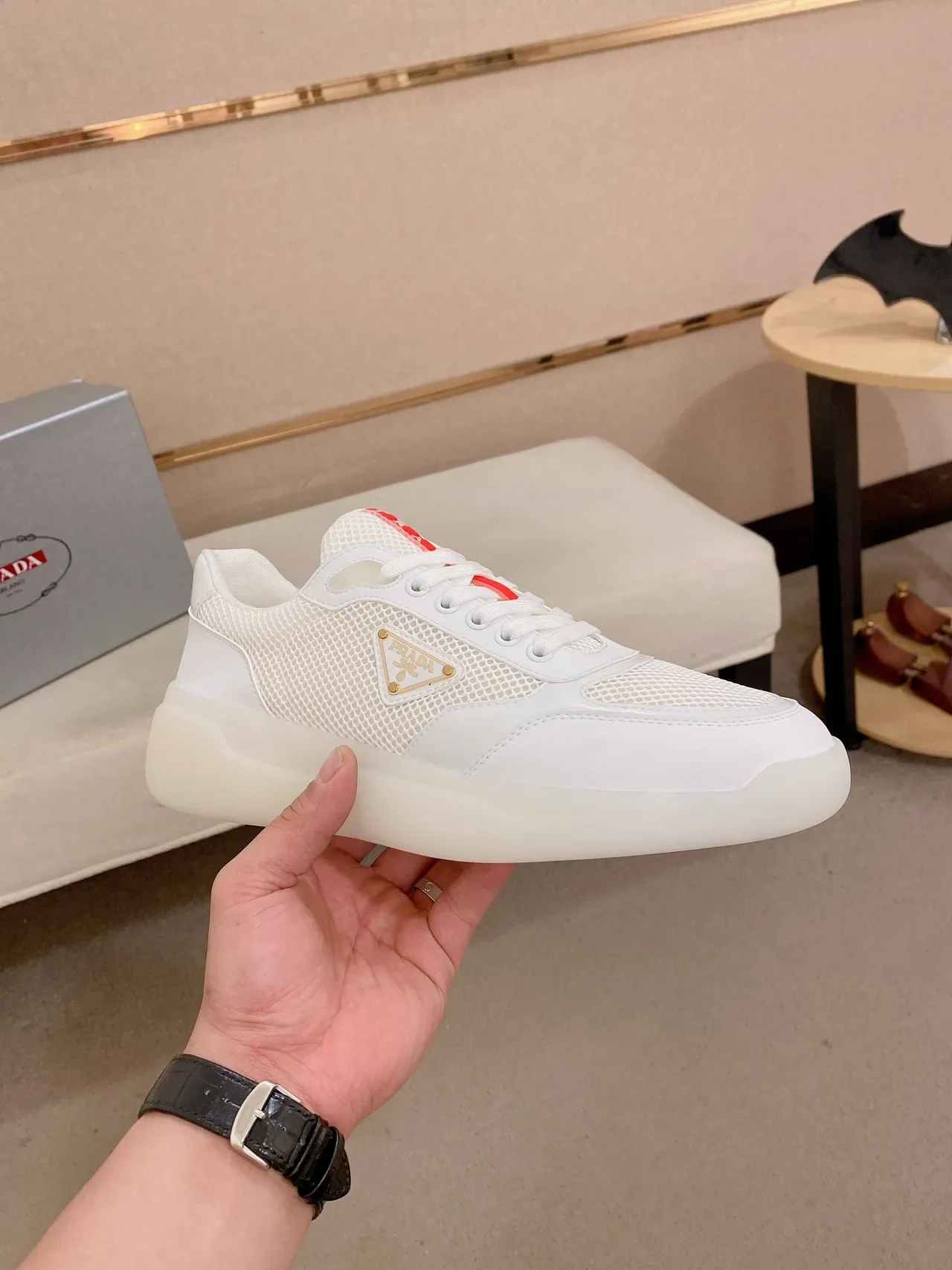 Prada Cloudbust White Mesh and Leather Lifestyle Sneakers 5