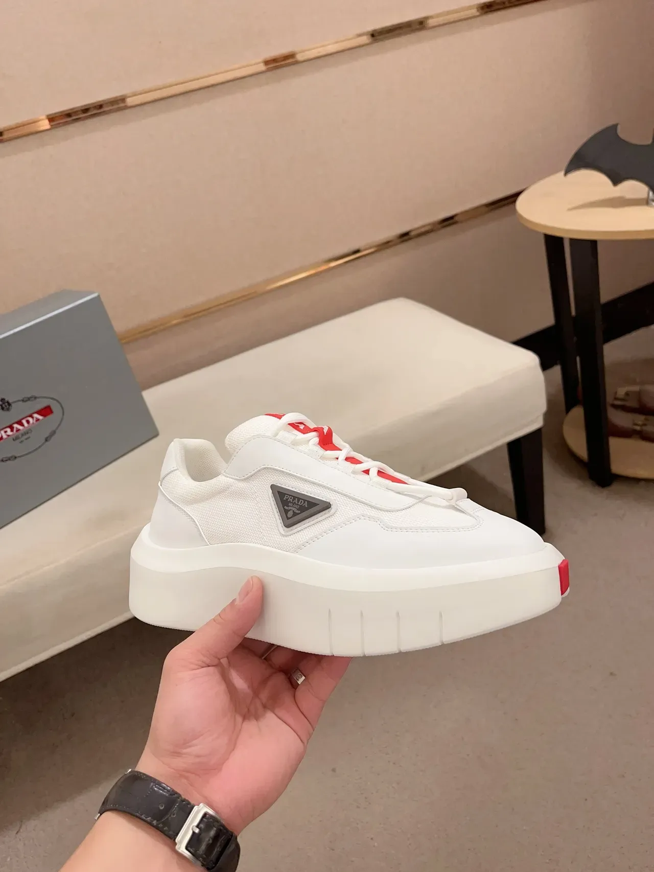Prada Cloudbust White Red Platform Sole Triangle Logo Plaque Lifestyle Sneakers 5