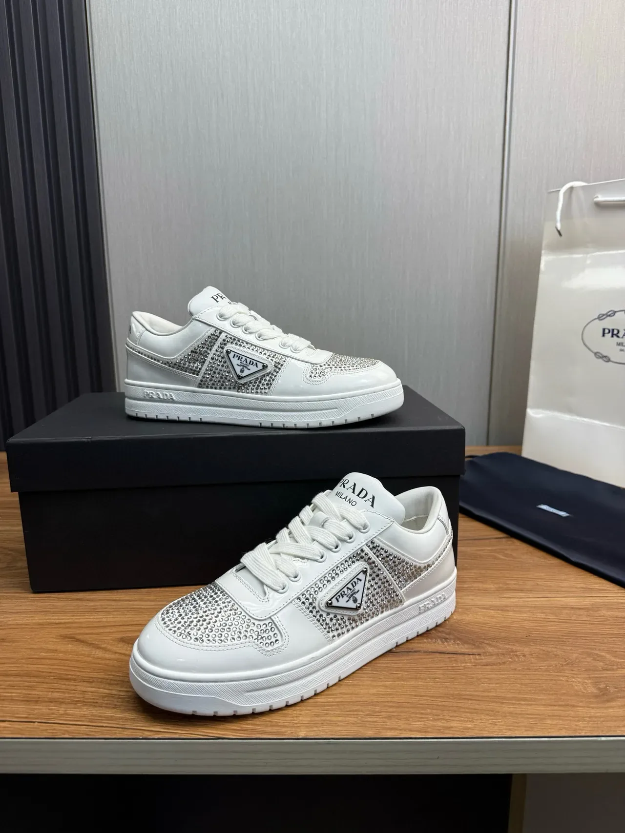 Prada Cloudbust White Silver Crystal-Embellished Low-Top Lifestyle Sneakers 4