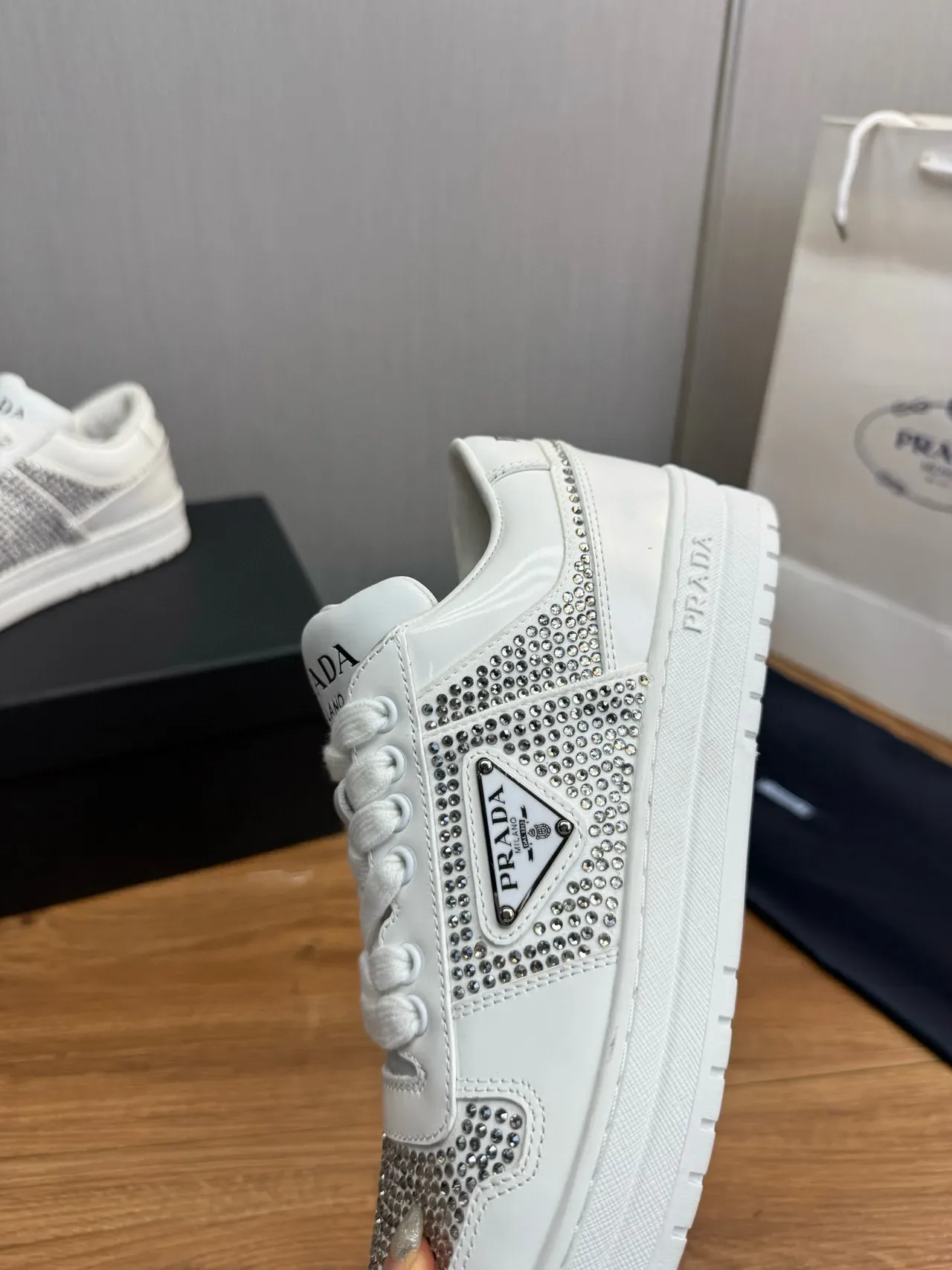 Prada Cloudbust White Silver Crystal-Embellished Low-Top Lifestyle Sneakers 8
