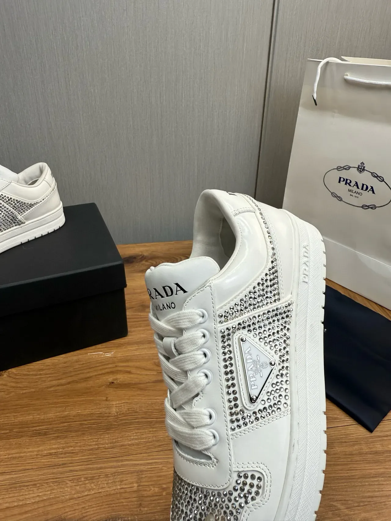 Prada Cloudbust White Silver Crystal-Embellished Low-Top Lifestyle Sneakers 9