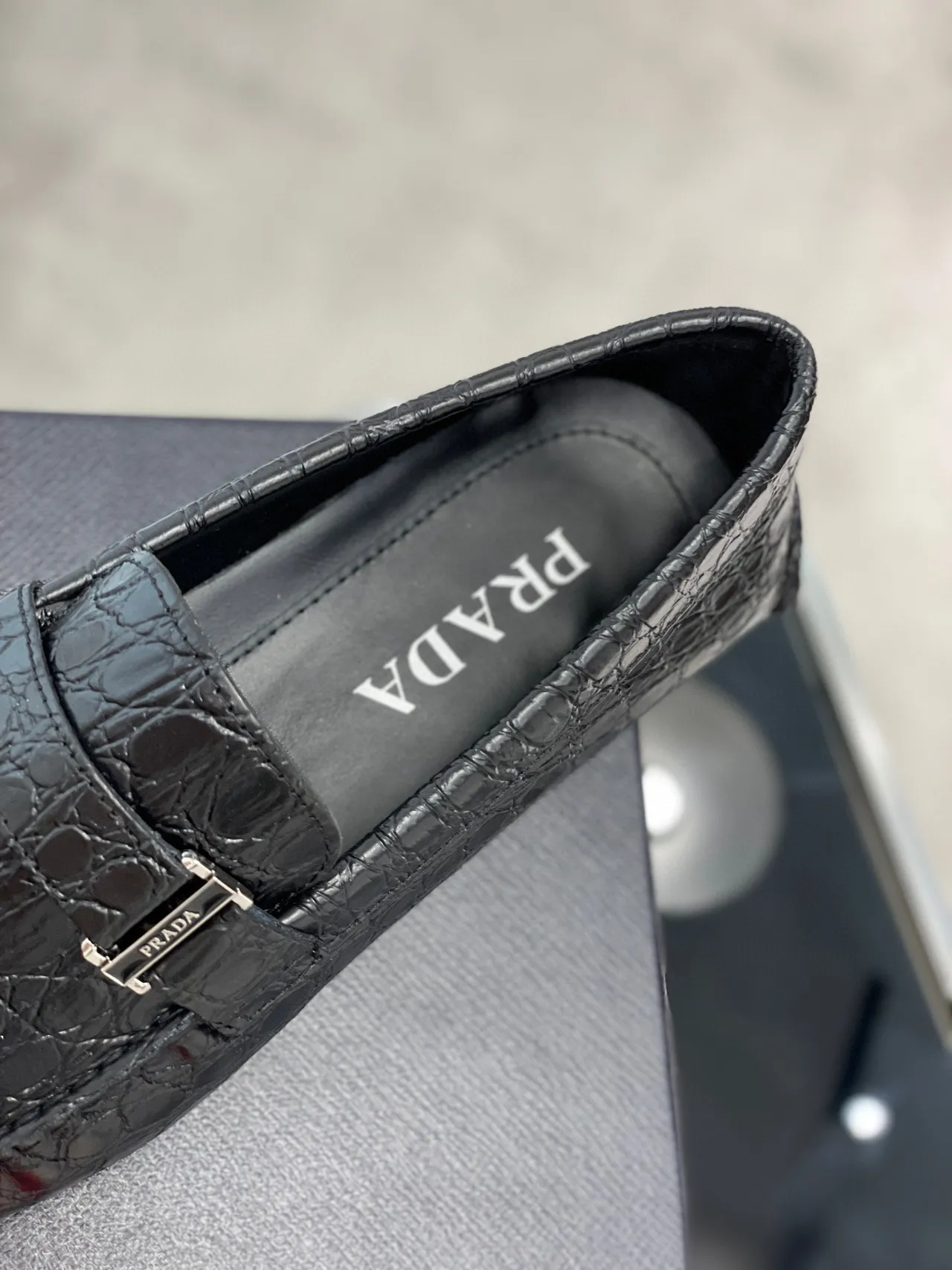 Prada Crocodile-Embossed Black Buckle Loafers 2