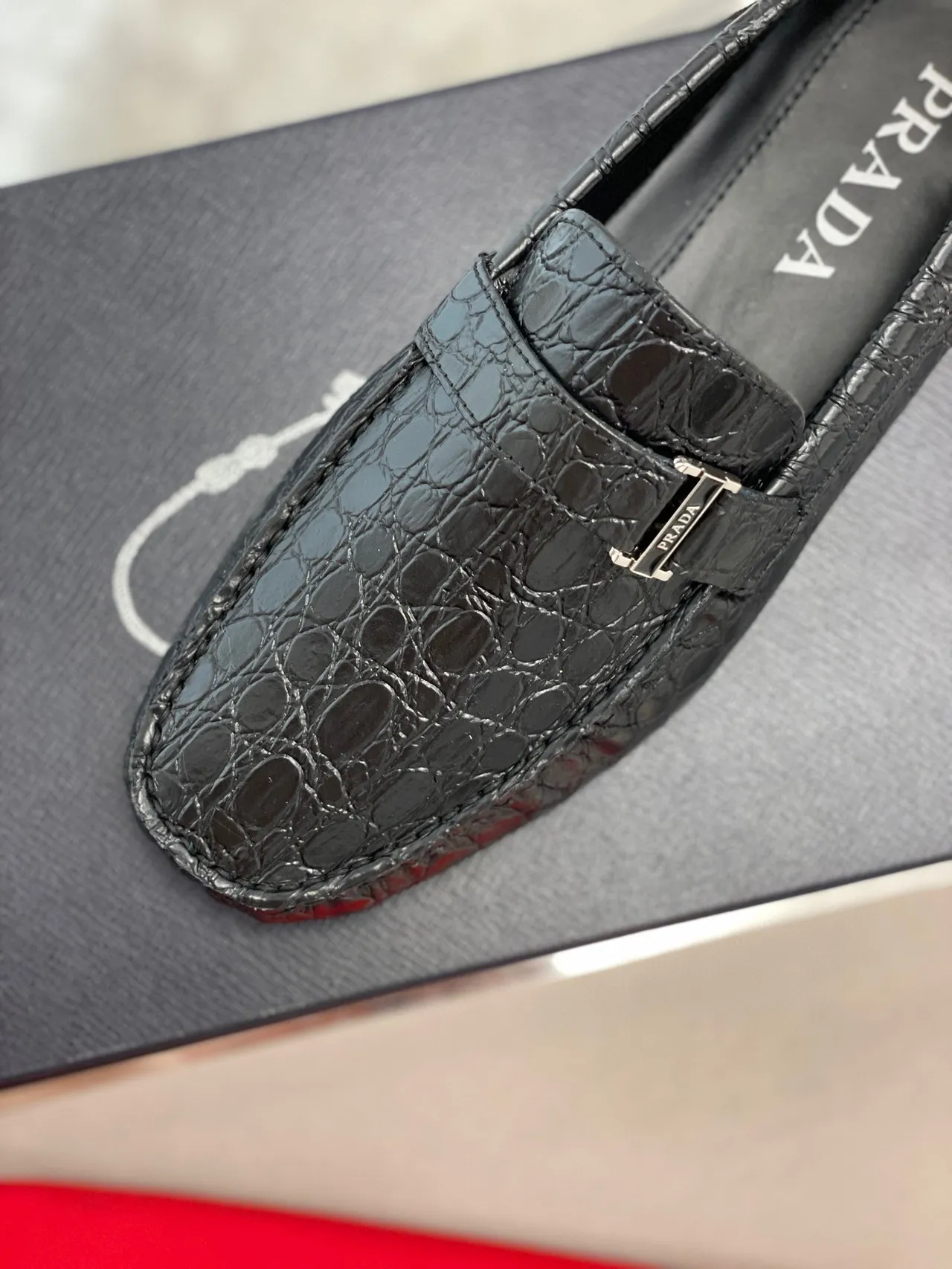 Prada Crocodile-Embossed Black Buckle Loafers 3