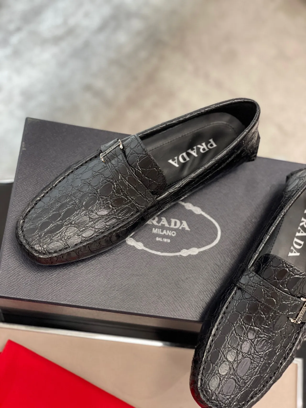 Prada Crocodile-Embossed Black Buckle Loafers 4