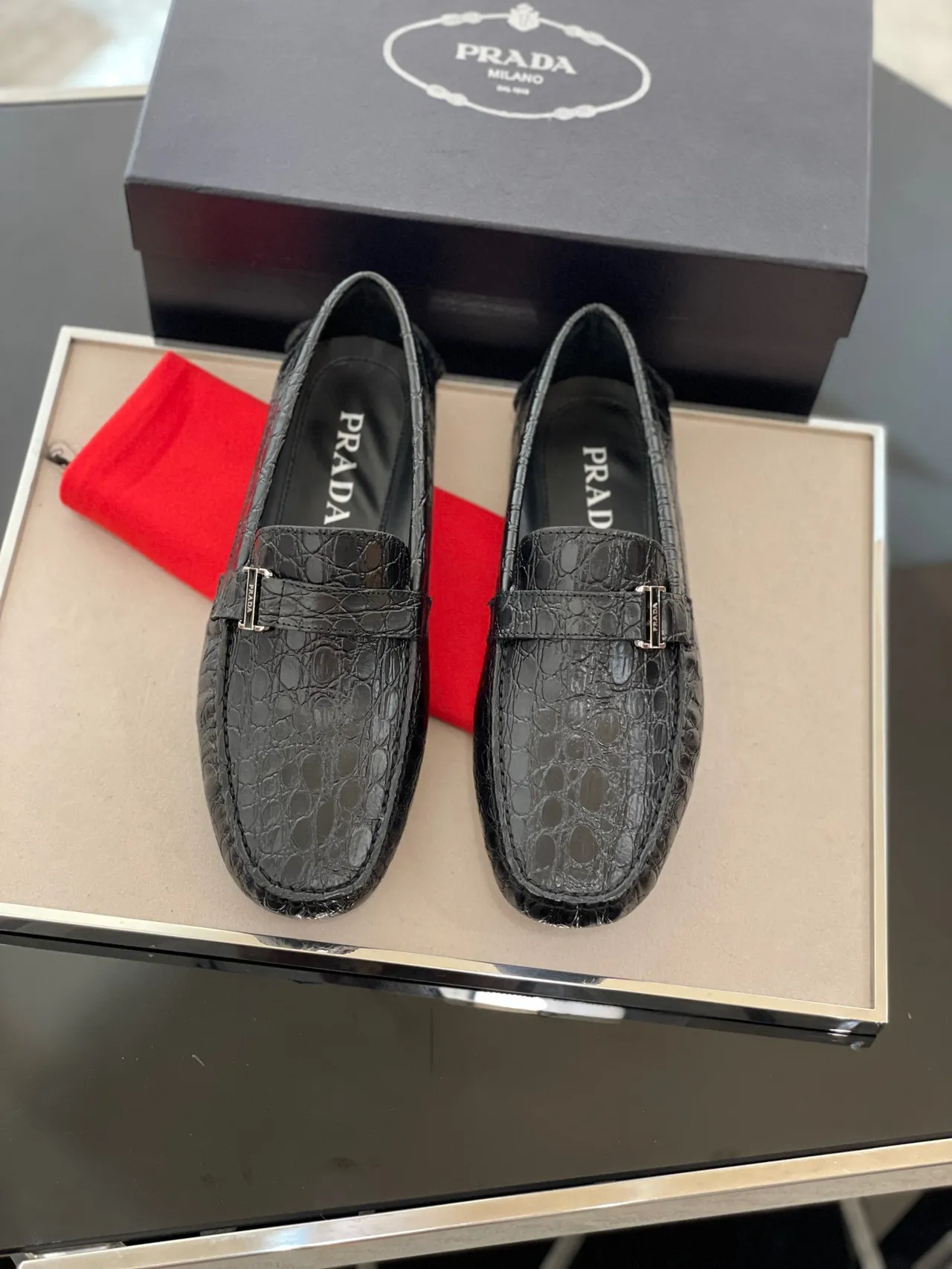 Prada Crocodile-Embossed Black Buckle Loafers 5