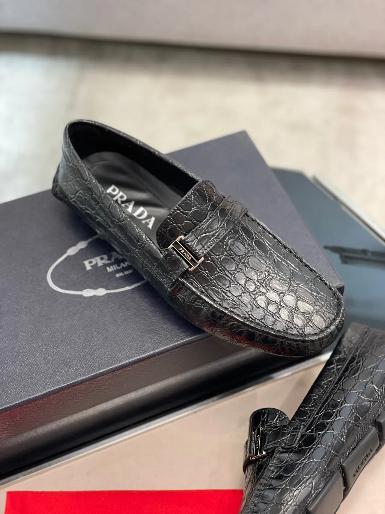 Prada Crocodile-Embossed Black Buckle Loafers 6