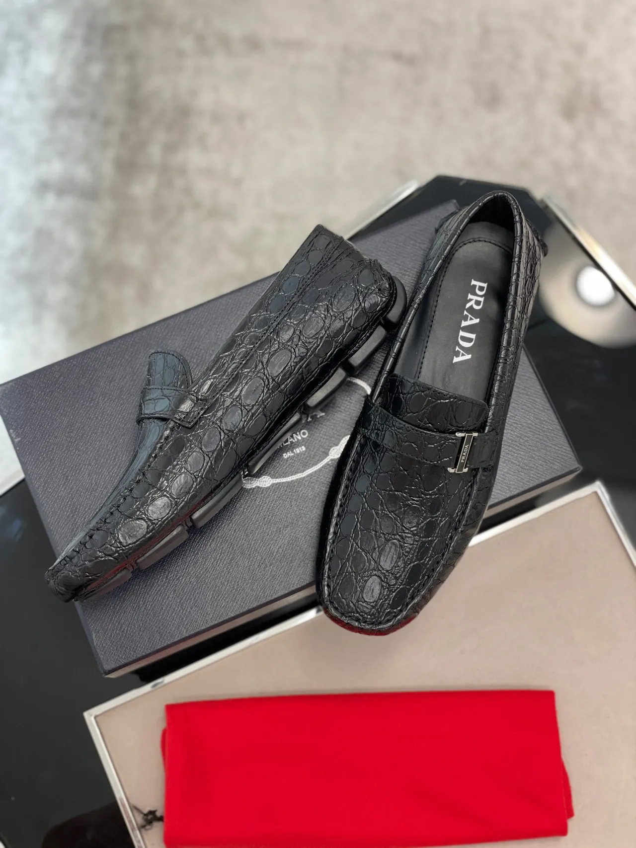 Prada Crocodile-Embossed Black Buckle Loafers 7