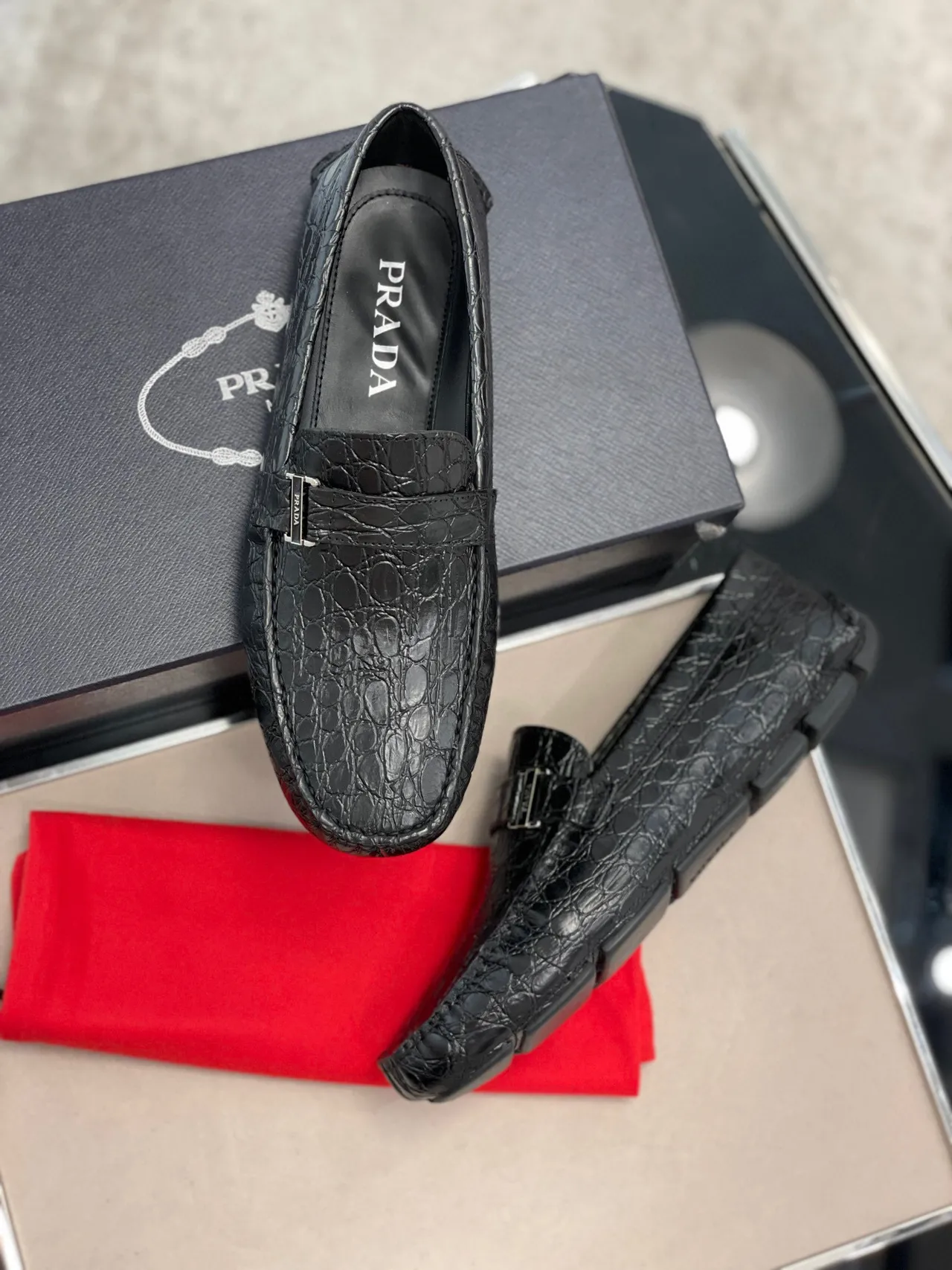 Prada Crocodile-Embossed Black Buckle Loafers 8