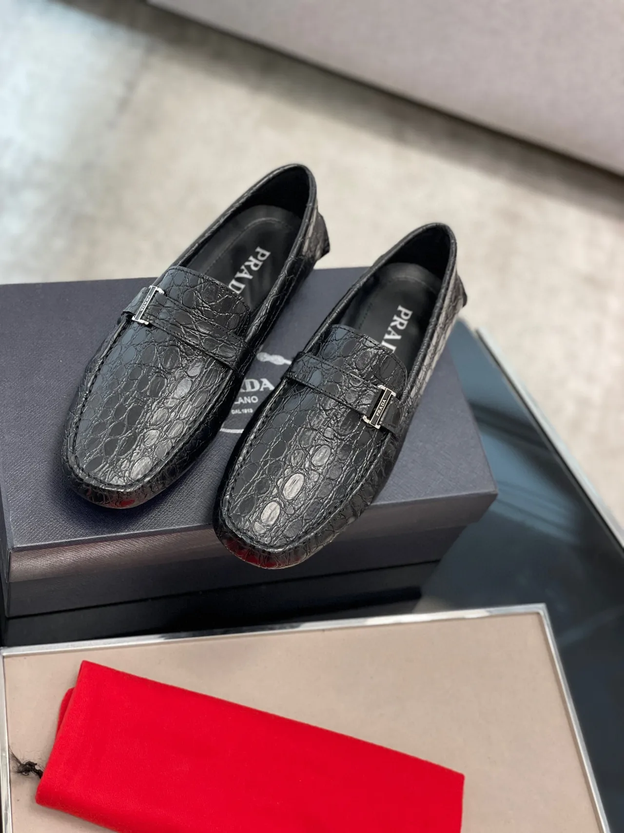 Prada Crocodile-Embossed Black Buckle Loafers 9