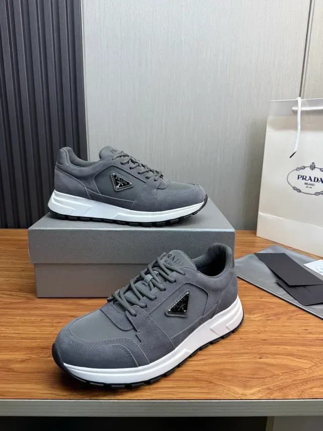 Prada Gris Blanco Ante y Malla Superior Suela Media Gruesa Zapatos Lifestyle 4