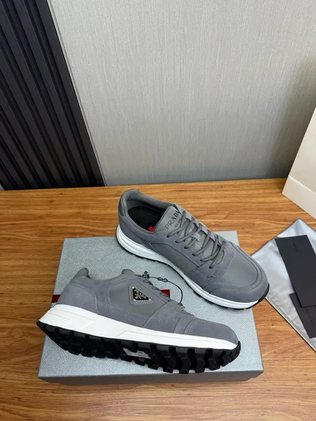 Prada Gris Blanco Ante y Malla Superior Suela Media Gruesa Zapatos Lifestyle 6