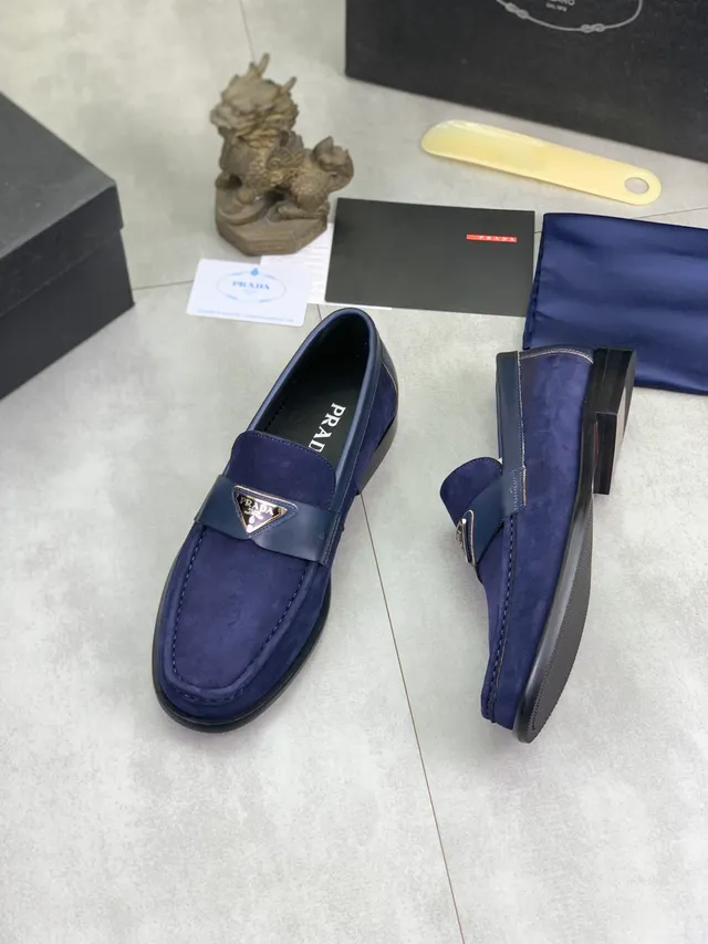 Prada Loafer Navy Black Suede Upper Leather Strap Loafer 6