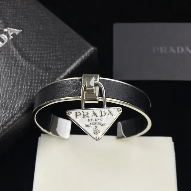 Prada Lock Charm Cuff Black Silver Leather Band Bracelet 3