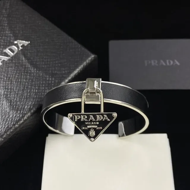 Prada Lock Charm Cuff Black Silver Leather Band Bracelet 4