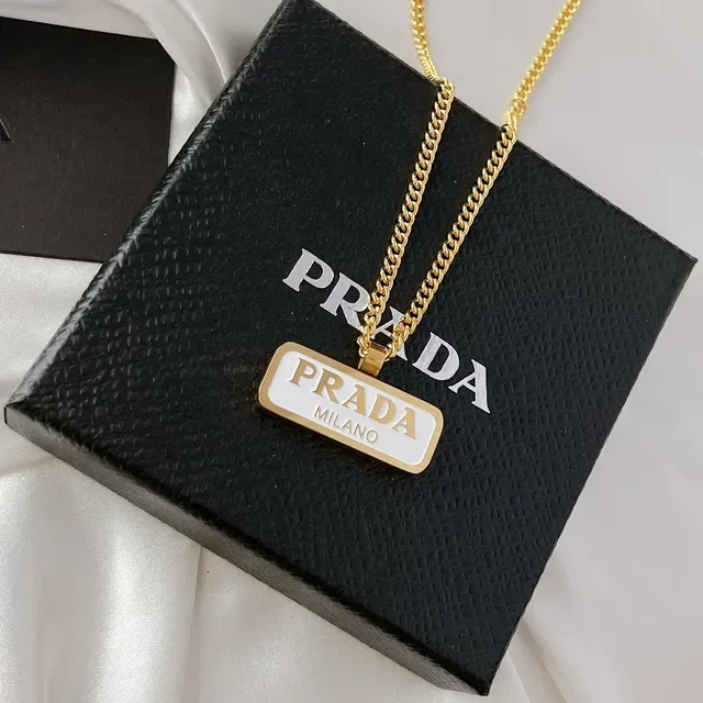 Prada Logo Plaque Gold White Curb Chain Rectangular Enamel Pendant Necklace 2