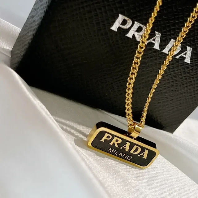 Prada Logo Plaque Gold White Curb Chain Rectangular Enamel Pendant Necklace 3