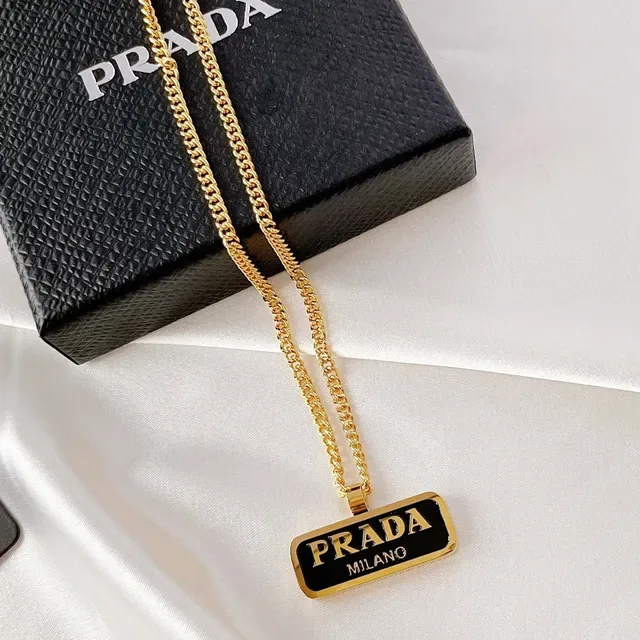 Prada Logo Plaque Gold White Curb Chain Rectangular Enamel Pendant Necklace 4