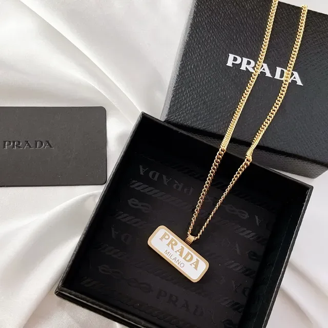 Prada Logo Plaque Gold White Curb Chain Rectangular Enamel Pendant Necklace 5
