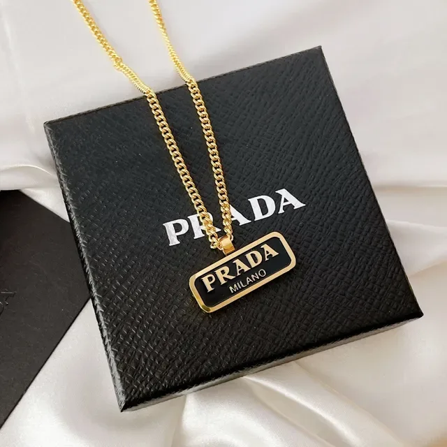 Prada Logo Plaque Gold White Curb Chain Rectangular Enamel Pendant Necklace 6