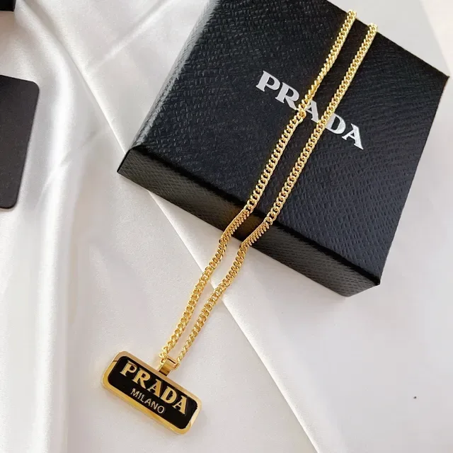 Prada Logo Plaque Gold White Curb Chain Rectangular Enamel Pendant Necklace 7