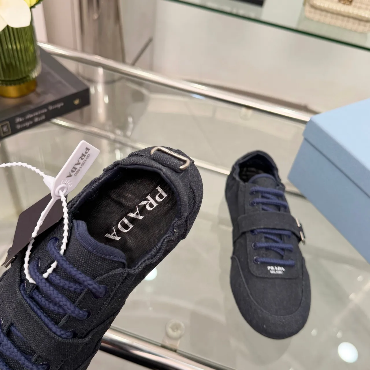 Prada Navy Blue Upper Buckle Strap Detail Canvas Shoes 2