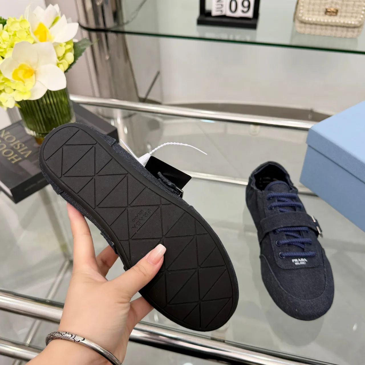 Prada Navy Blue Upper Buckle Strap Detail Canvas Shoes 3