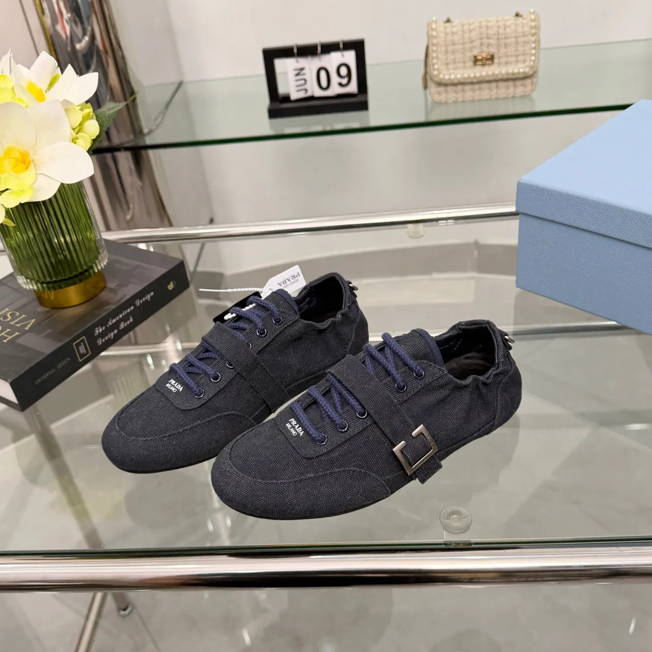 Prada Navy Blue Upper Buckle Strap Detail Canvas Shoes 5