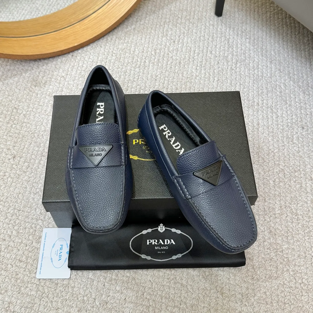 Prada Navy Pebbled Leather Triangle Plaque Loafer 2