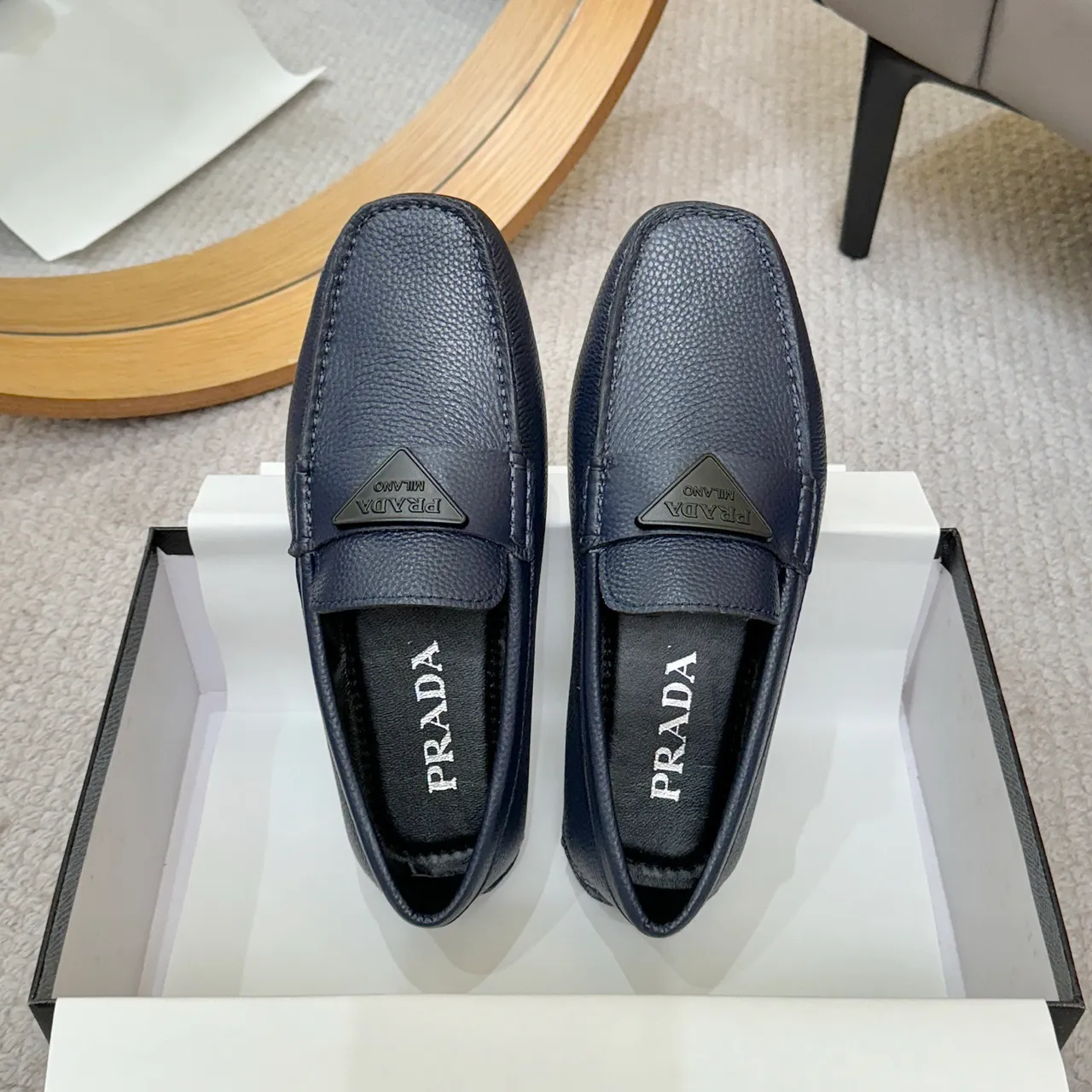 Prada Navy Pebbled Leather Triangle Plaque Loafer 3