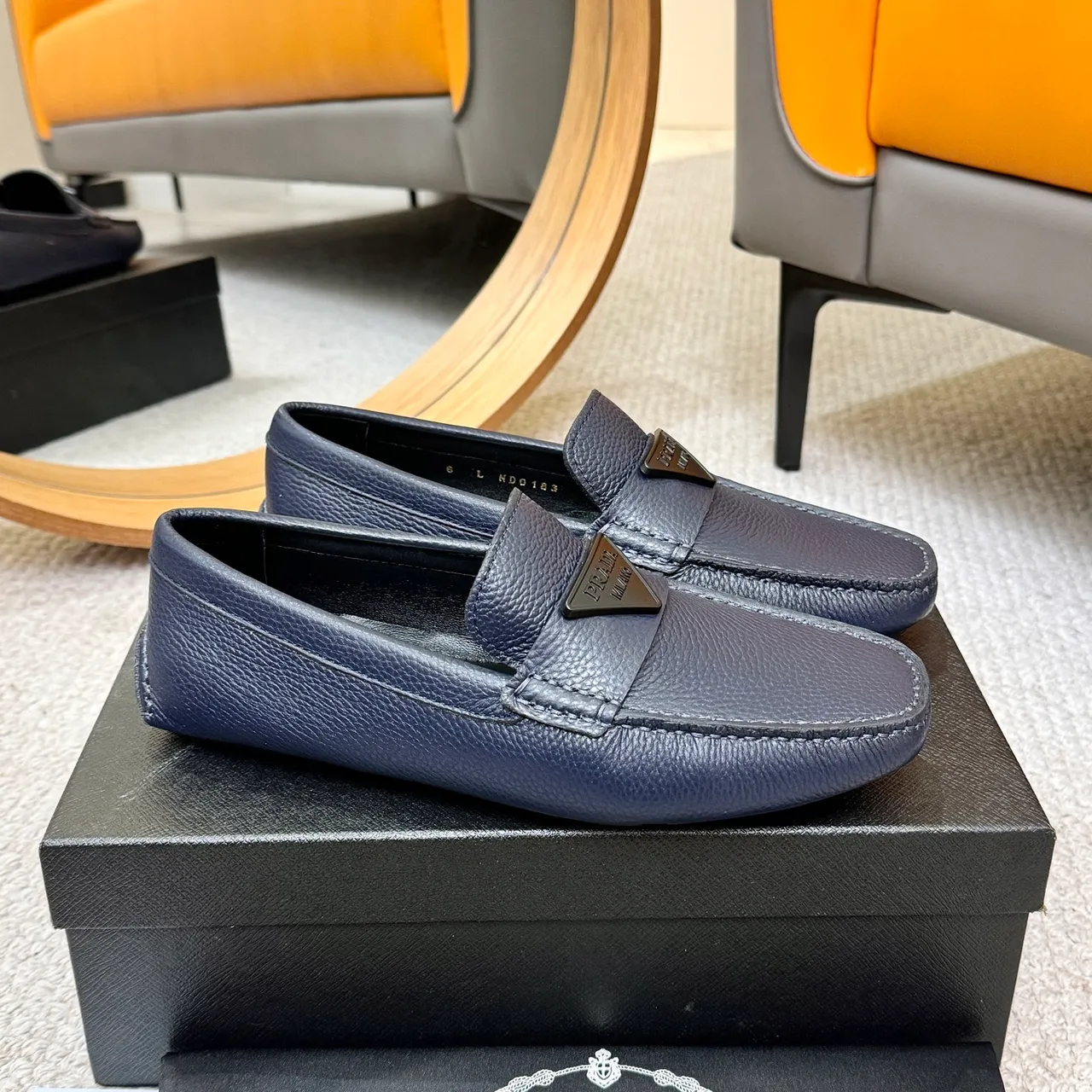 Prada Navy Pebbled Leather Triangle Plaque Loafer 4
