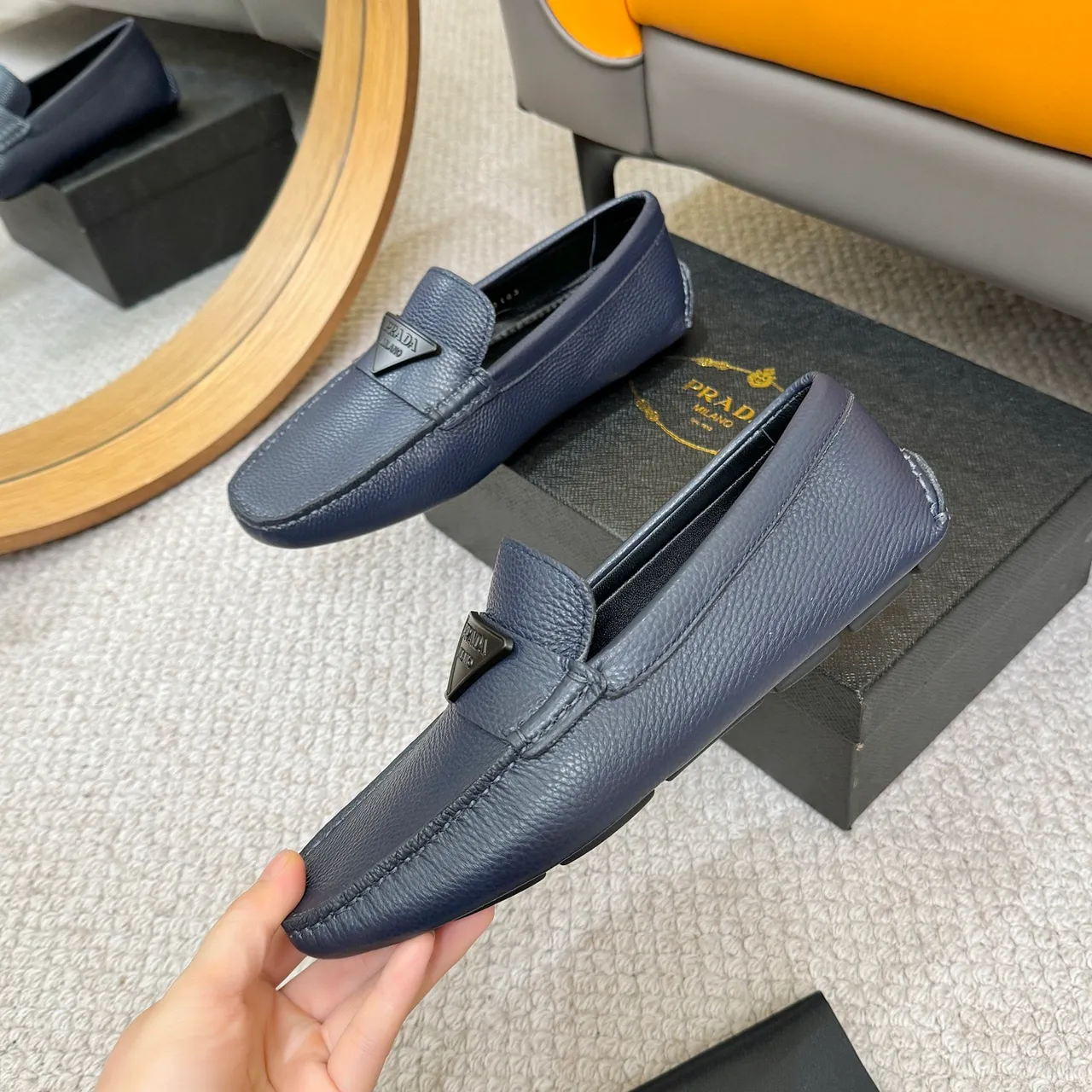 Prada Navy Pebbled Leather Triangle Plaque Loafer 5