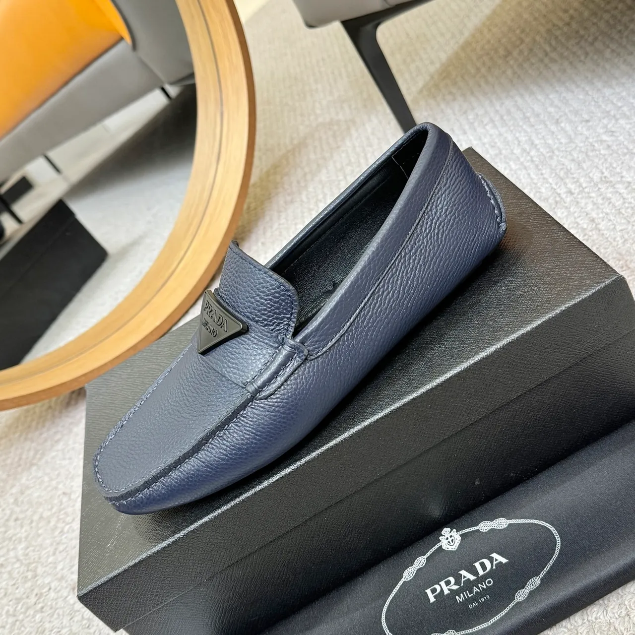 Prada Navy Pebbled Leather Triangle Plaque Loafer 6